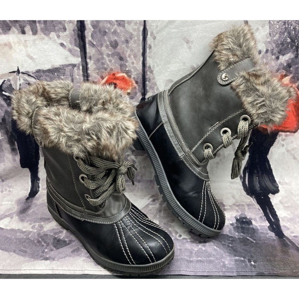 London Fog Black and Gray Winter Boots with Fur Trim